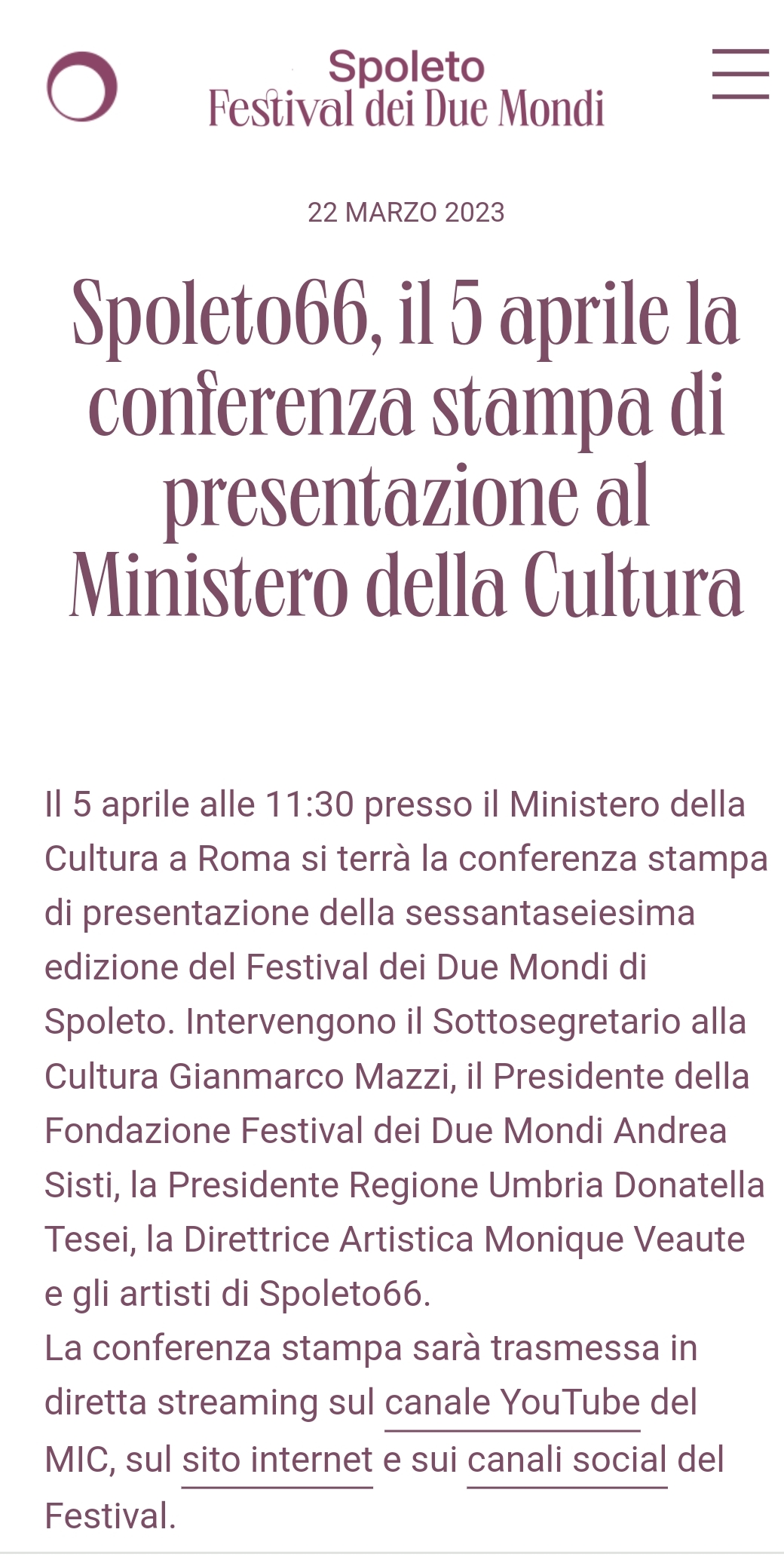 FESTIVAL DEI DUE MONDI DI SPOLETO, Conferenza Stampa