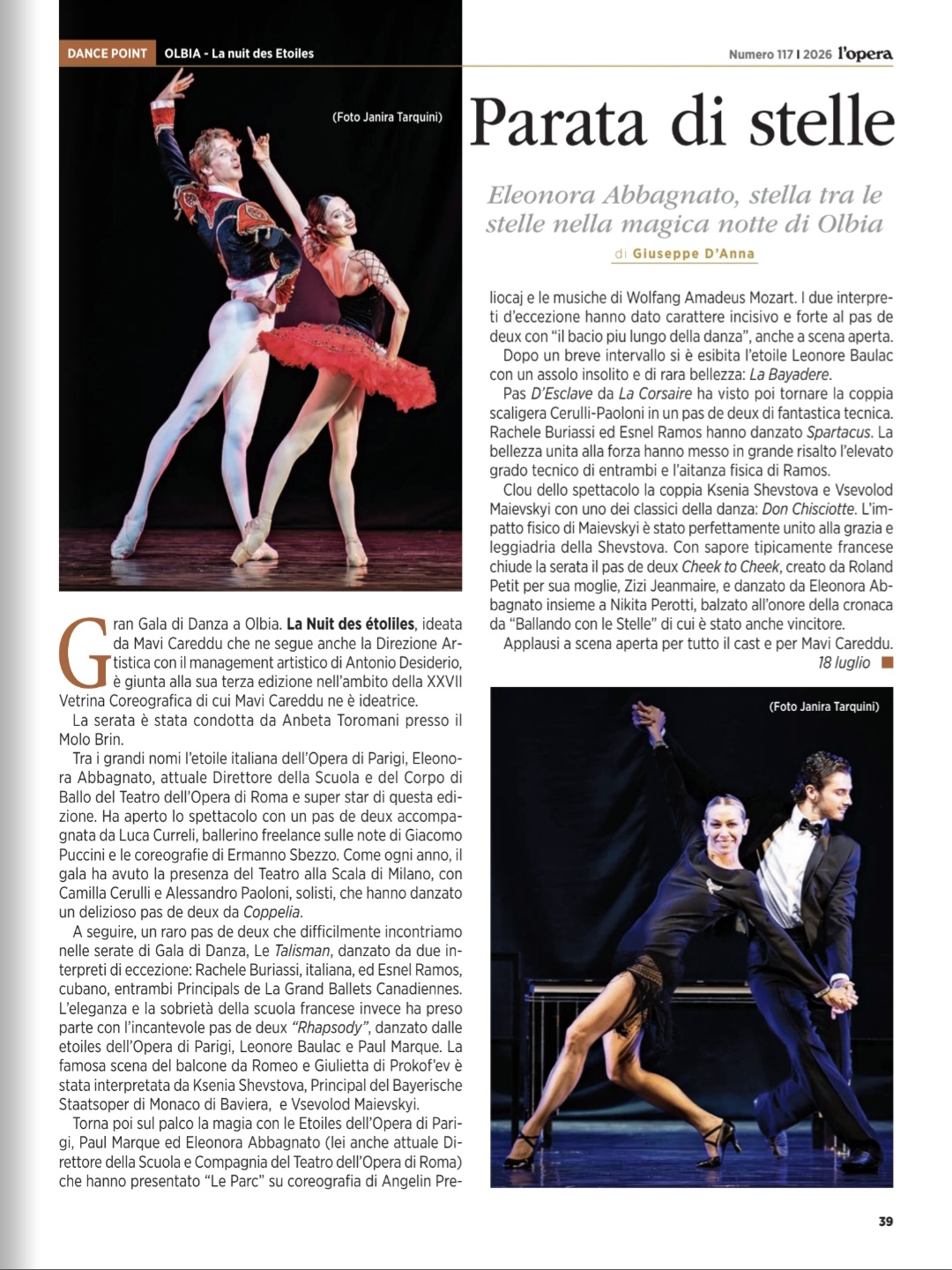 “PARATA DI STELLE”, Eleonora Abbagnato Stella tra le Stelle nella magica notte di Olbia   Recensione L’Opera Magazine
